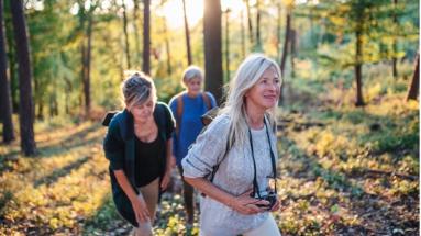 Mujeres paseando por el campo entre árboles